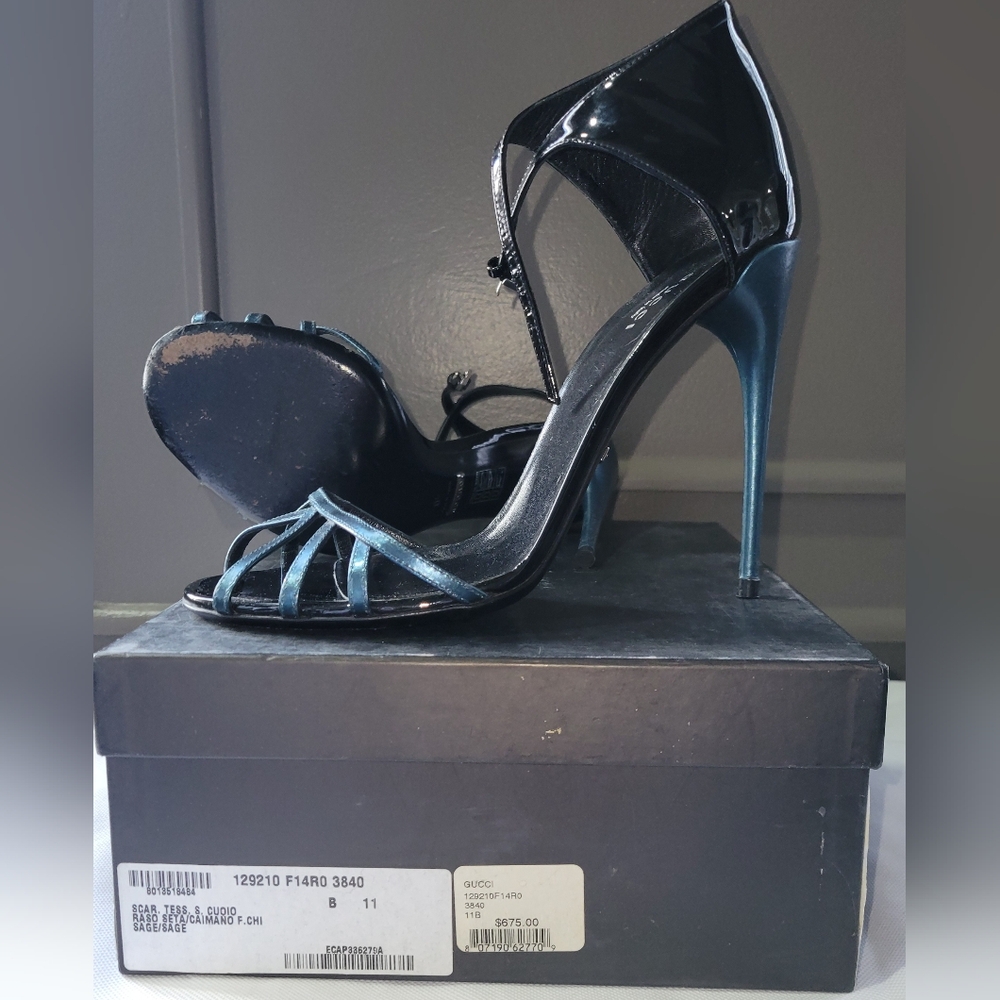 Gucci Black and Blue Stiletto Heels with Ankle Strap